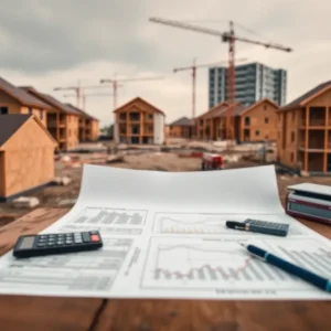 Partially built homes and cranes with blurred bank building and plans illustrating tighter construction lending
