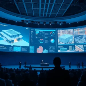 Conference stage showing large screens with cloud-connected AECO software, 3D building models, and analytics dashboards