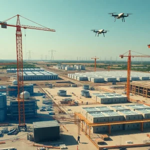 Construction site with AI robots, holographic design overlays and data center buildings in the background