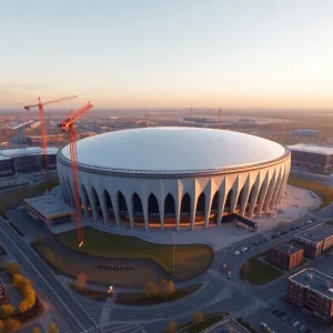 Aerial view of proposed domed stadium and mixed-use development in Arlington Heights