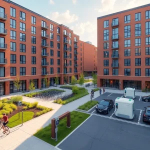 Rendering of two five-storey mid-rise rental buildings with bike stalls and EV charging near a university campus