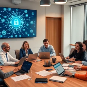Bank professionals collaborating on commercial lending and cybersecurity strategy in a modern office setting.