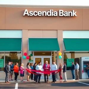 Exterior of Ascendia Bank Oradell branch with community members at the grand opening