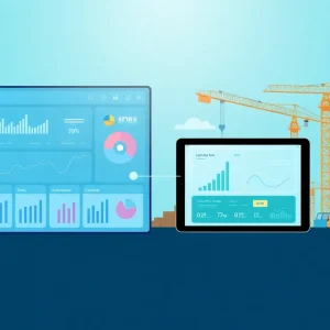 Dashboard and construction site linked by cloud data flow illustrating capital planning and execution integration