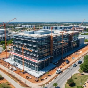 Aerial view of a modern life‑sciences building under construction with cranes in a mixed‑use campus in northeast Austin