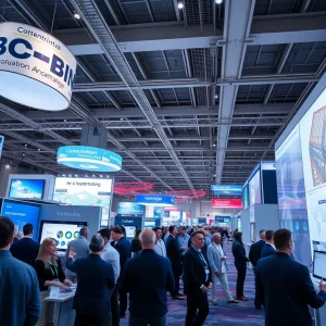 Expo hall with booths showing BIM and GIS models and attendees viewing construction technology demonstrations