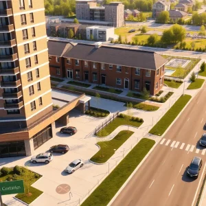 Rendering of The Averly Richmond Hill mixed-use development showing apartments, townhomes and retail pad sites along Ford Avenue