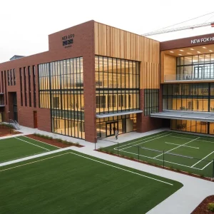 Rendering of new three-story Beaverton high school with visible seismic joints, cedar-clad theatre, courtyard and athletic fields
