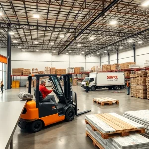 Pro service counter in a big-box home improvement store with delivery trucks and stacked building materials