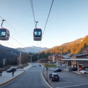 Bicable aerial tramway cabins over Bolzano valley with mountain station and secure bike parking