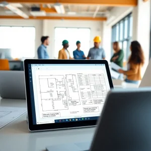 Laptop showing digital blueprints and AI estimating interface in a construction office