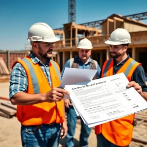 Workers at a California construction site discussing contracts under the new retention cap law.