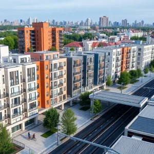 New multifamily housing construction near a transit stop in California
