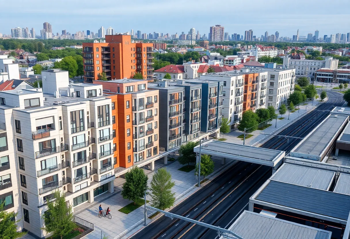 New multifamily housing construction near a transit stop in California