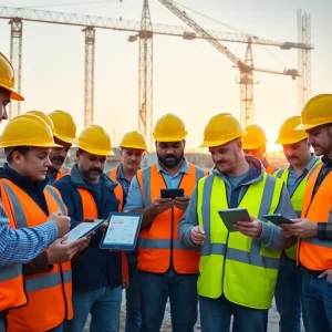 Construction crew at a jobsite using tablets and smartphones to access a field-management app