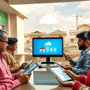 Regional housing finance branch staff and customers using digital tablets with houses under construction in the background