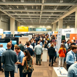 Attendees exploring construction technology and career booths at a university summit expo