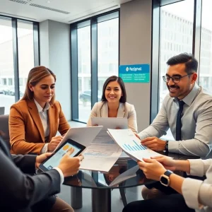 Bankers and local business clients meeting in a modern Tallahassee bank office to discuss commercial loans and treasury services.