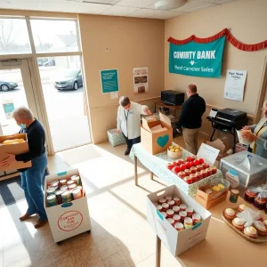 Volunteers placing donation boxes and cupcakes on a table inside a local bank lobby during a community drive and centennial event.