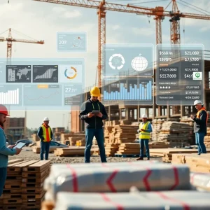 Construction site with workers using tablets and digital overlays showing collaboration software dashboards and BIM models