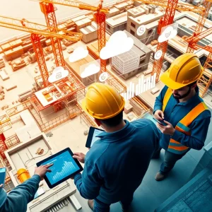 Construction site with digital overlays showing ERP dashboards, AI analytics and IoT sensors