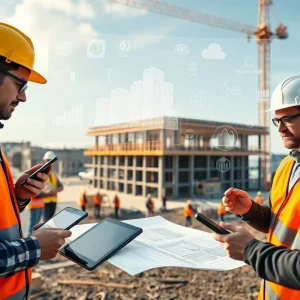 Construction workers using tablets on site with holographic BIM model and cloud data overlays