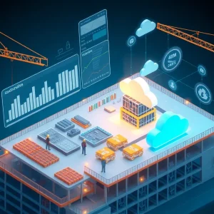 Construction site with digital project management dashboard overlay and cloud icons representing construction SaaS