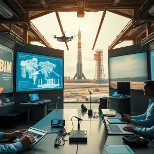 Construction operations hub with BIM displays, tablets, drones and rocket assembly building in background