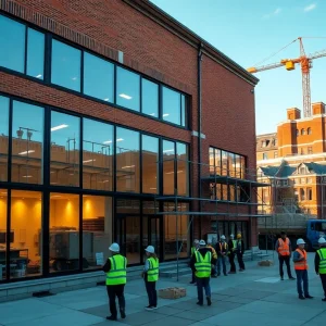 Kemper Hall addition housing the new construction training center with high-bay lab and scaffolding