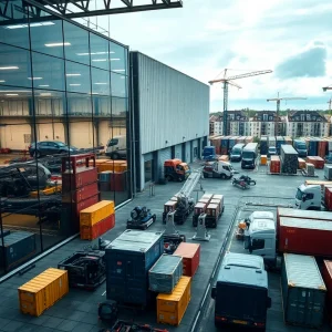 Modern Czech factory and construction site with assembly line, machinery, shipping containers and cranes