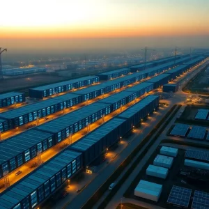 Aerial view of large data center campus with transmission lines, substation, construction cranes and solar panels