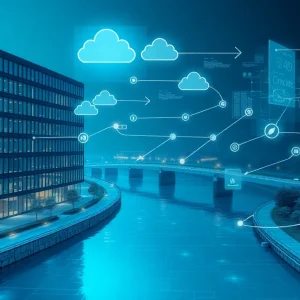 Holographic overlays on a building and river basin showing real-time digital twin data streams and 3D models