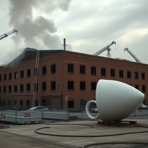Firefighters with aerial ladders at the Dixie Cup factory as smoke rises from the roof