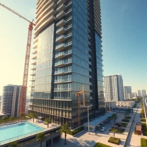 Rendering of 35-story Domus Brickell Center under construction with glass façade and rooftop pool