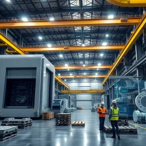 Interior of a gigacasting plant showing massive 16,000‑tonne and 10,000‑tonne die casting lines with cranes and workers