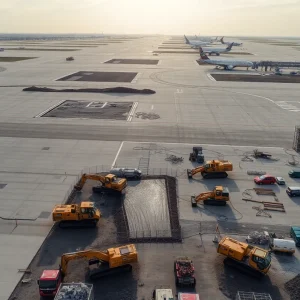 Aerial view of airport apron and runways with construction machinery and pavement upgrades