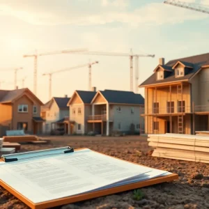 Residential and multifamily construction site with cranes and loan documents in the foreground