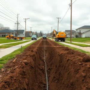 Trench and equipment on residential street during underground fiber installation