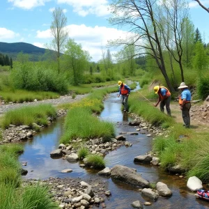 Workers conducting restoration to improve fish passage in a creek