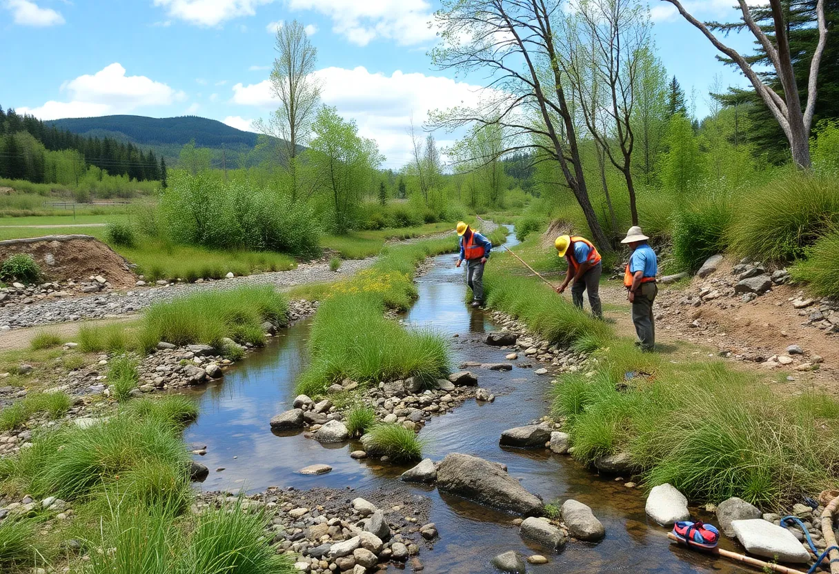 Workers conducting restoration to improve fish passage in a creek