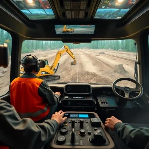 Virtual reality training environment showing multiple trainees using simulators for construction and forestry equipment with safety overlays