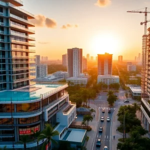 Downtown Fort Lauderdale skyline showing a luxury high-rise with rooftop pool and adjacent construction cranes