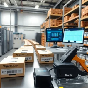 Factory production line with ViperClip boxes, barcode labels and a computer displaying an ERP dashboard