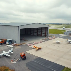 New box hangar under construction at a regional municipal airport with nearby T-hangars and small aircraft