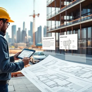 Construction site with digital plan overlays and AI annotations viewed by architects on tablets