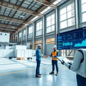 Autonomous construction robots assembling modular building components while engineers review digital schedules on tablets