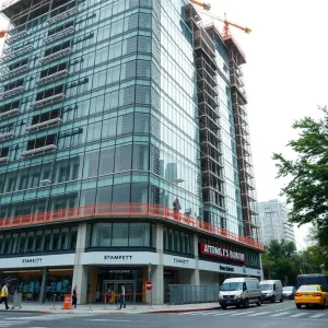 Construction of Hoboken Urby mixed-use building at 256 Observer Highway with cranes and street-level retail