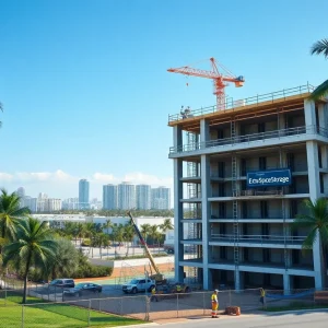 Multi-story Extra Space Storage facility under construction in Homestead, Florida with cranes and palm trees