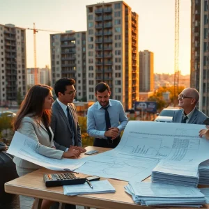 Developers and lenders reviewing blueprints and financial documents at a multifamily apartment renovation site