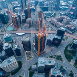 Aerial view of Lancaster showcasing construction and technological advancements.